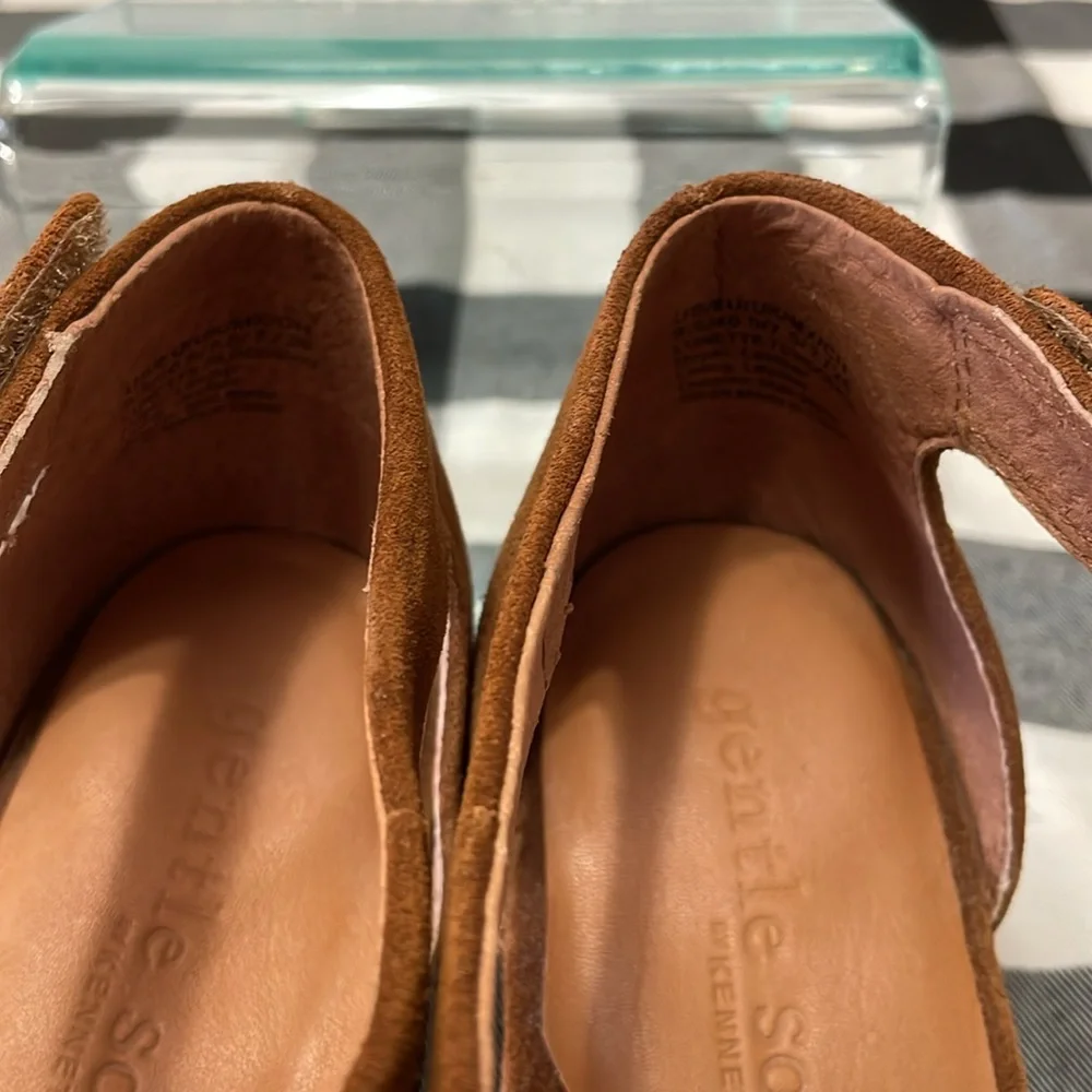 Gentle Souls Lunette Shoes Size 9.5 Open Peep Toe Wedge Brown Suede Leather